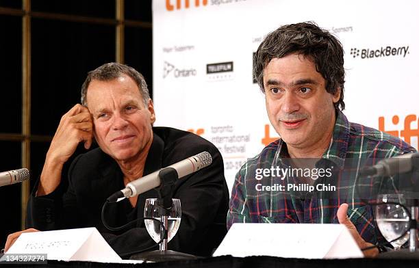 Prodcer David Permut and director Miguel Arteta speak onstage at the "Youth In Revolt" press conference held at the Sutton Place Hotel on September...