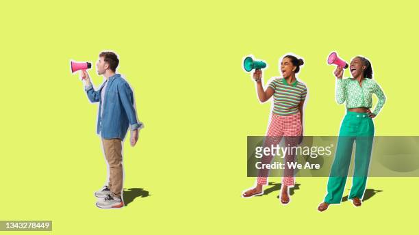 collage of group of activists shouting message through a megaphone - multi coloured megaphone stock pictures, royalty-free photos & images