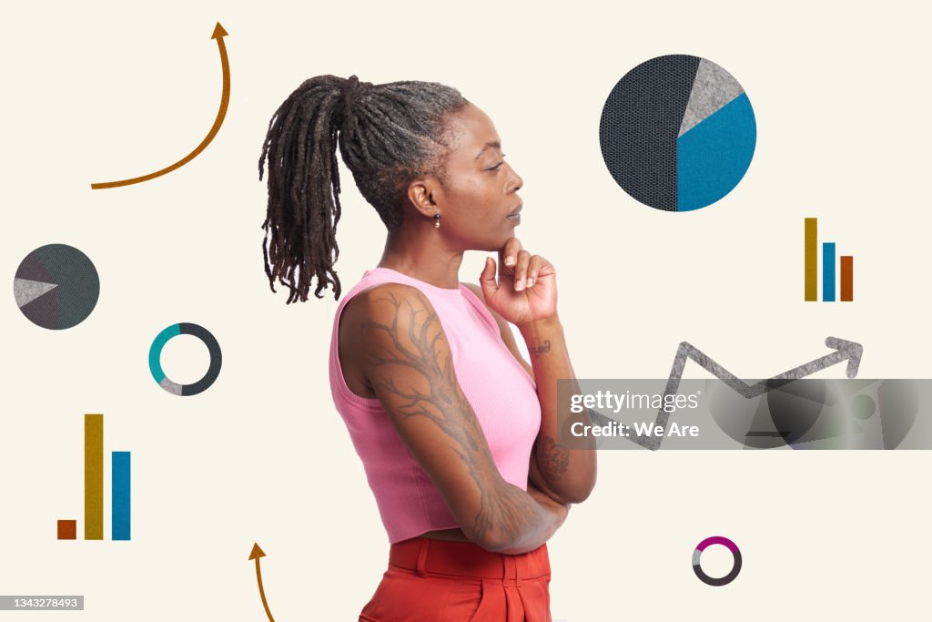 Collage of mature woman standing amongst financial symbols and graphs