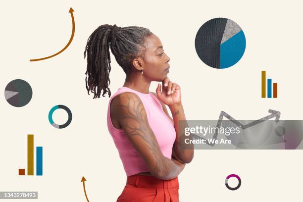 collage of mature woman standing amongst financial symbols and graphs - people infographic imagens e fotografias de stock