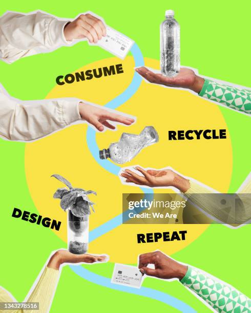 collage of hands interacting to demonstrate the circular economy - circular economy stock pictures, royalty-free photos & images