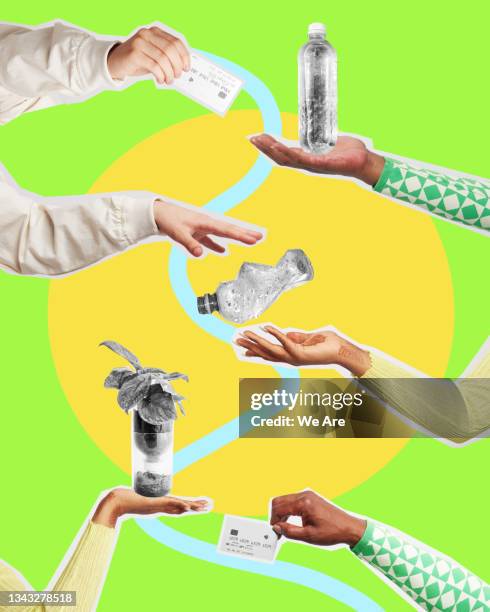 collage of hands interacting to demonstrate the circular economy - economía circular fotografías e imágenes de stock