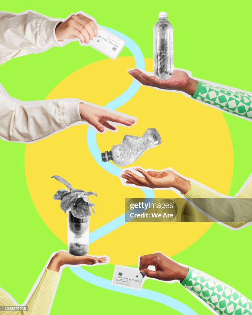 Collage of hands interacting to demonstrate the circular economy