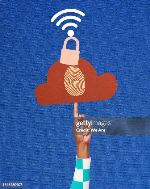 woman balancing online data security symbols on finger - data privacy imagens e fotografias de stock