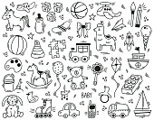 Doodle cute kids toys hand drawn elements. Kindergarten funny children toys, ball, doll, bear and toy car vector illustration set. Cute baby shower toys symbols