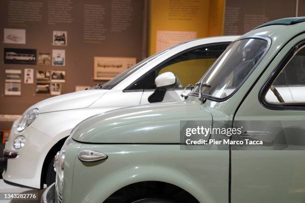 Car new FIAT 500 and a car FIAT 500 1957 are displayed at ADI Design Museum during the RoBee presentation. 'RoBee', a prototype of a cognitive...