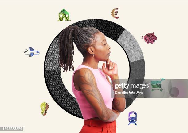 woman thinking about personal finance - saving for a rainy day englische redewendung stock-fotos und bilder