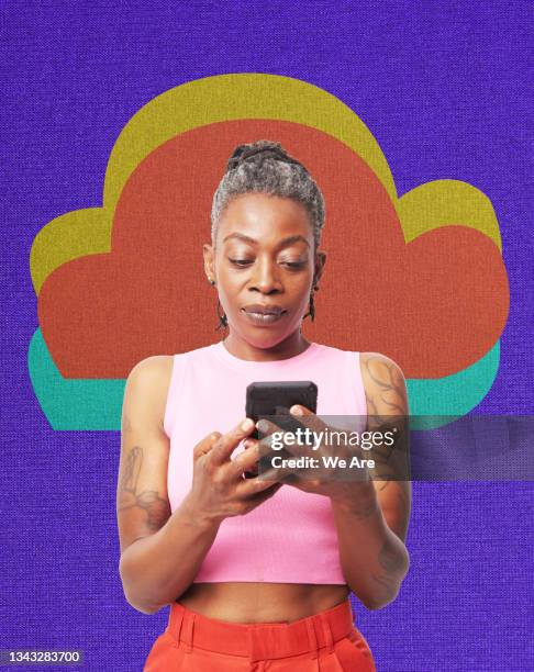 woman looking at phone with cloud symbol - personal data stock pictures, royalty-free photos & images