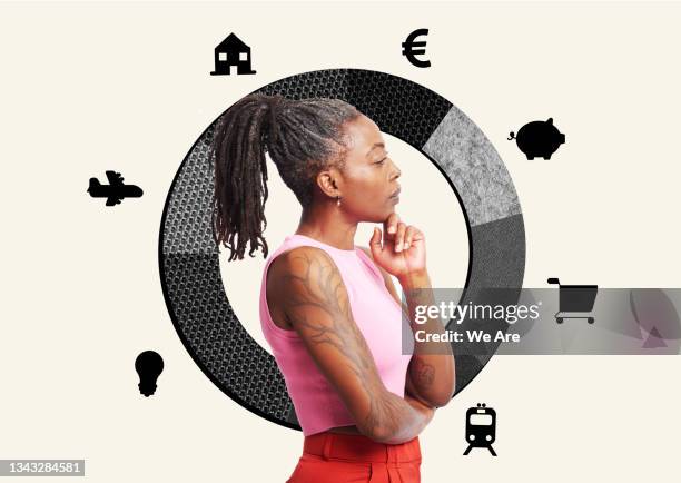 woman thinking about personal finance - shopping montage stock pictures, royalty-free photos & images
