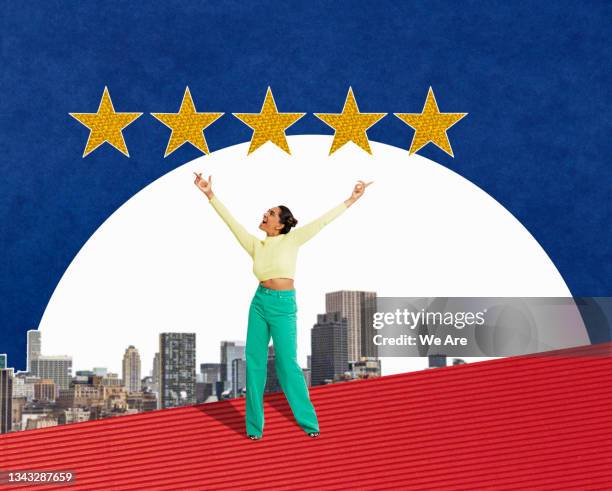 collage of young woman holding hands in the air looking up to 5 gold stars above a city skyline - customer experience stock pictures, royalty-free photos & images