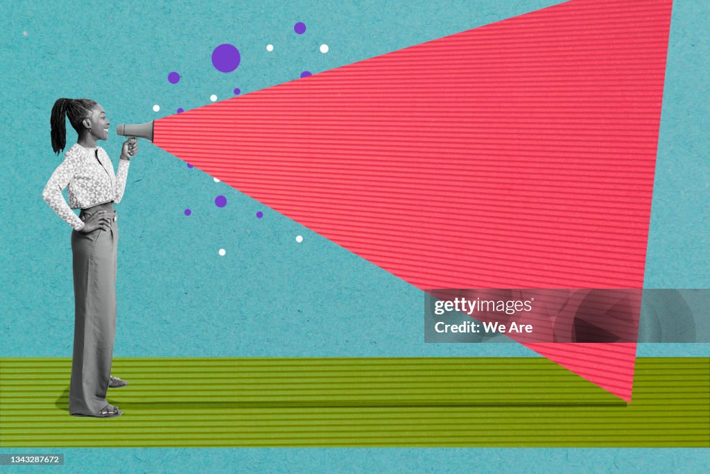 Collage of mature woman making an announcement through a megaphone