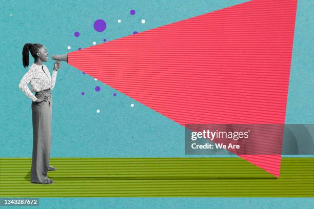 collage of mature woman making an announcement through a megaphone - altoparlante foto e immagini stock