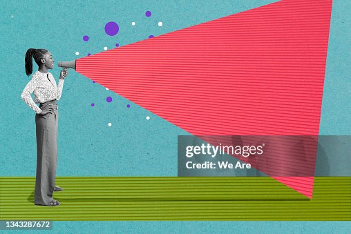 Collage of mature woman making an announcement through a megaphone Collage of mature woman making an announcement through a megaphone