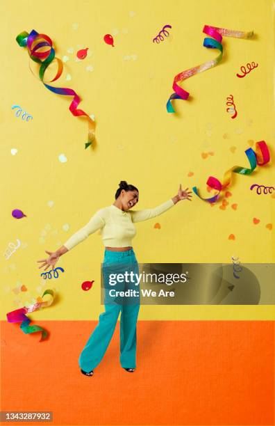 collage of young woman dancing in celebration - balloons concept stockfoto's en -beelden