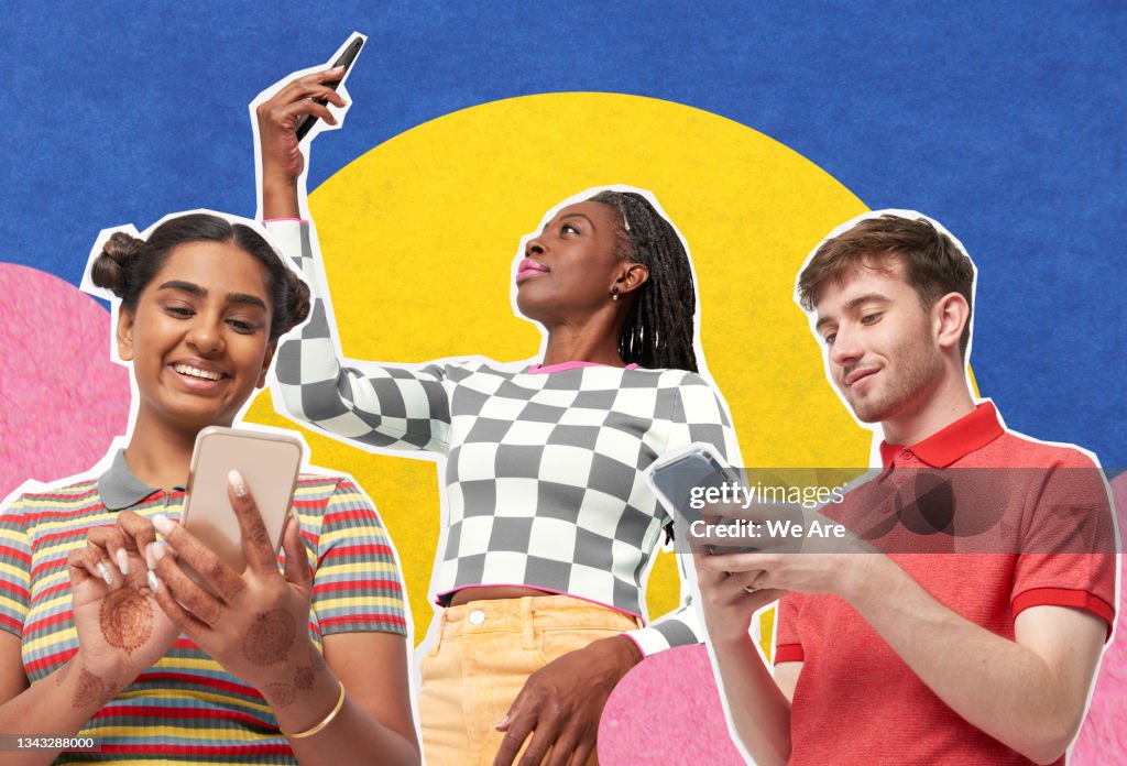 Collage of a group of people using smart phones on colourful background