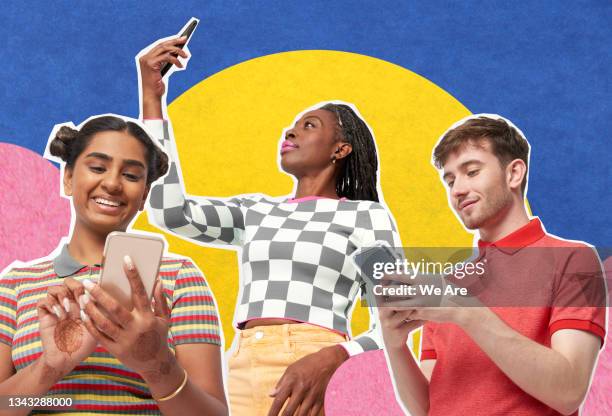 collage of a group of people using smart phones on colourful background - selfie woman stockfoto's en -beelden