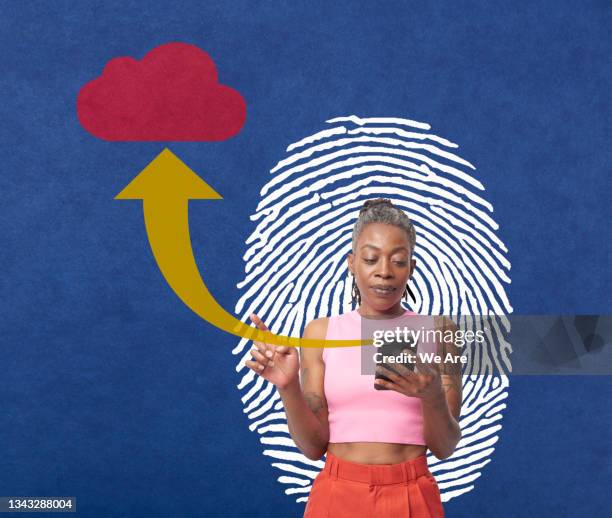 collage of mature woman using fingerprint recognition on smartphone - confidential englischer begriff stock-fotos und bilder