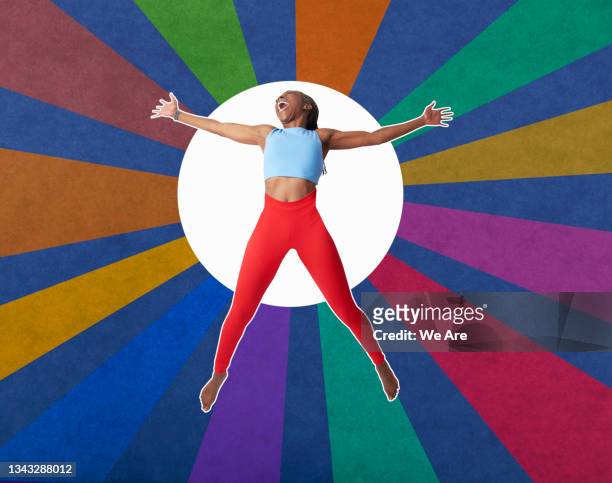 collage of mature woman jumping for joy in front of colourful background - color intensity stock-fotos und bilder