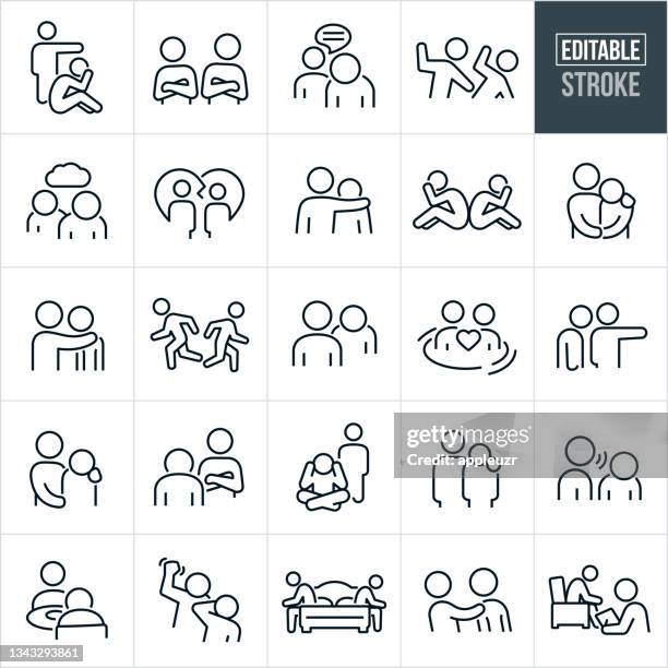 ilustraciones, imágenes clip art, dibujos animados e iconos de stock de iconos de línea delgada de relaciones infelices - trazo editable - divorcio