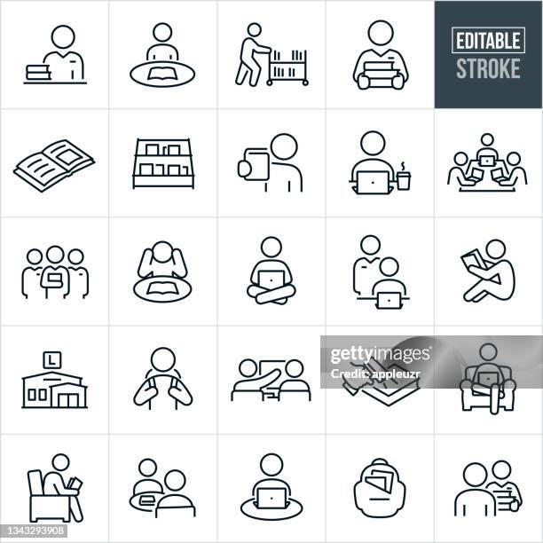 bibliothek dünne liniensymbole - bearbeitbare kontur - bibliothek stock-grafiken, -clipart, -cartoons und -symbole