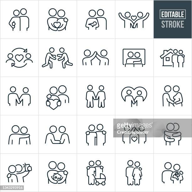 happy couples thin line icons - editable stroke - black and white holding hands stock illustrations