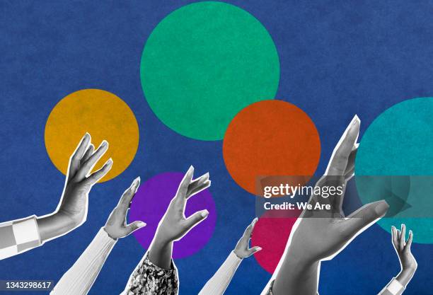 collage of hands reaching up with colourful dots in background - community networks stockfoto's en -beelden