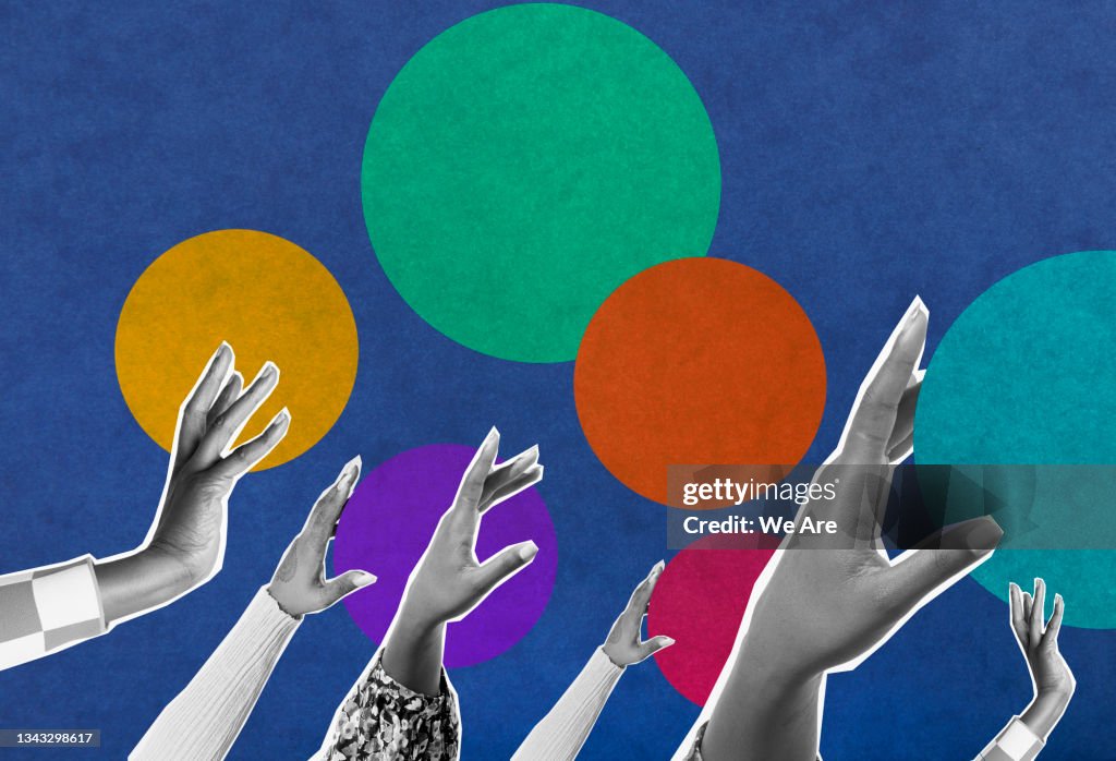 Collage of hands reaching up with colourful dots in background