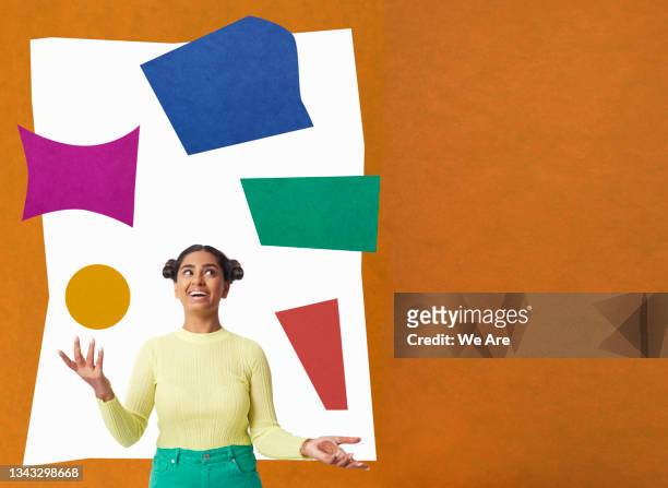 collage of young woman multitasking by juggling several geometric shapes - jongleur stock-fotos und bilder