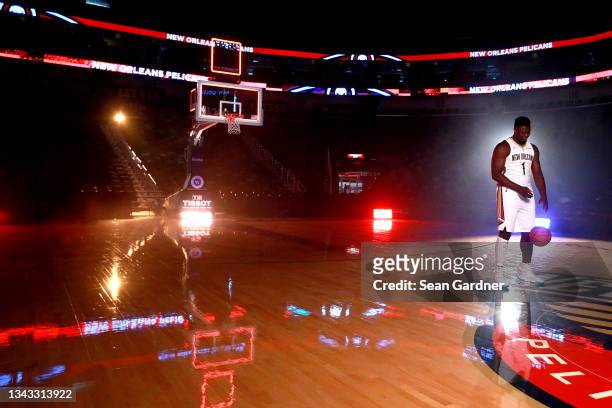 Zion Williamson of the New Orleans Pelicans poses for photos during Media Day at Smoothie King Center on September 27, 2021 in New Orleans,...