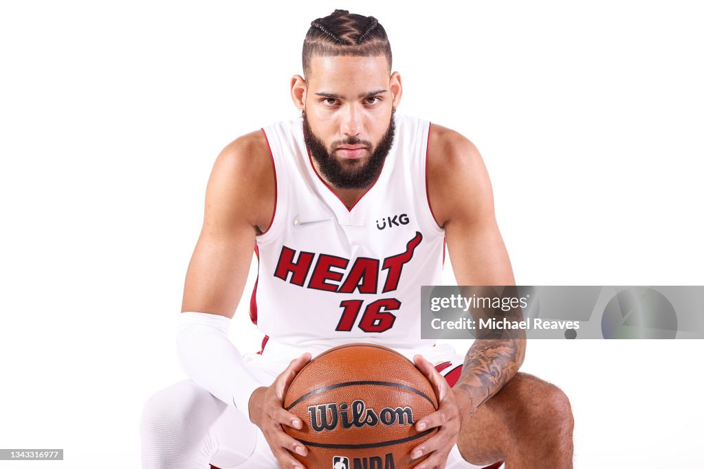 Caleb Martin of the Miami Heat poses for a photo during Media Day at ...