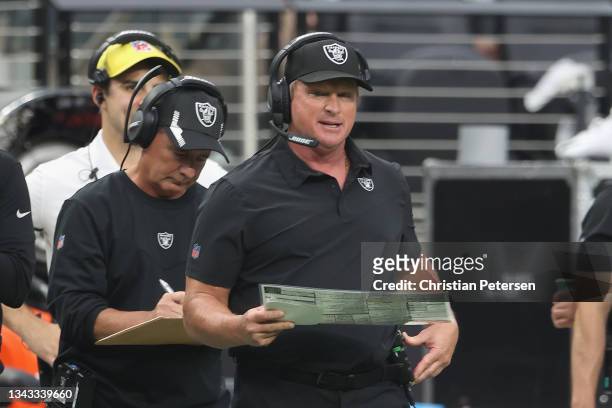 Head coach Jon Gruden of the Las Vegas Raiders during the NFL game at Allegiant Stadium on September 26, 2021 in Las Vegas, Nevada. The Raiders...