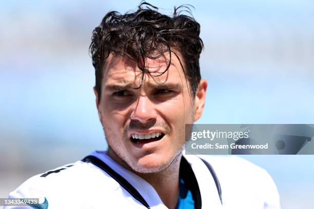 Josh Lambo of the Jacksonville Jaguars warms up prior to the game against the Arizona Cardinals at TIAA Bank Field on September 26, 2021 in...
