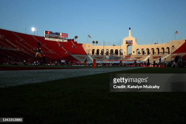 General view of the field before the game between the USC Trojans and the Oregon State Beavers at Los Angeles Memorial Coliseum on September 25, 2021...