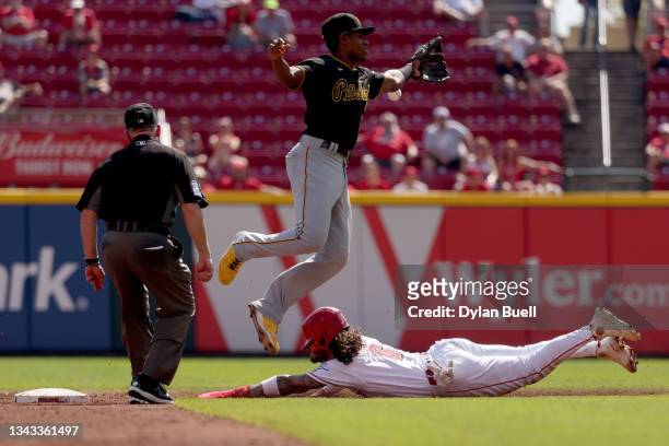 Jonathan India of the Cincinnati Reds steals second base past Ke'Bryan Hayes of the Pittsburgh Pirates in the second inning at Great American Ball...