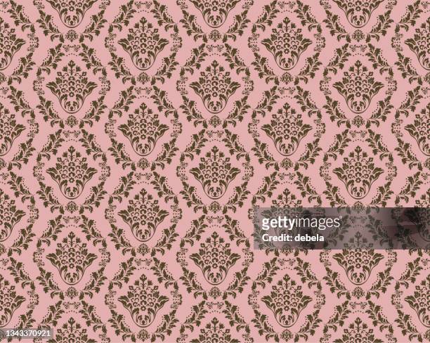 ilustraciones, imágenes clip art, dibujos animados e iconos de stock de rosa y marrón dama victoriano damask patrón textil decorativo de lujo - tejido adamascado
