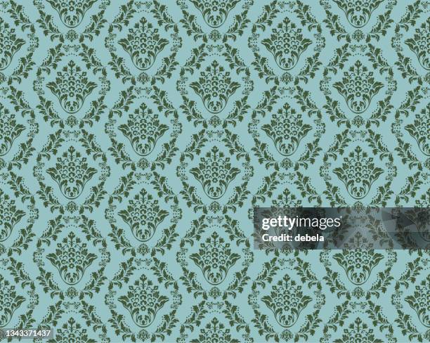 blue and green victorian damask luxury decorative textile pattern - green damask stock illustrations