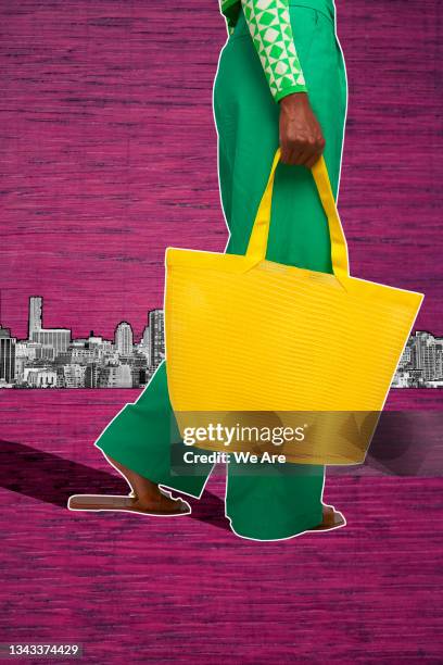woman with shopping bag with city backdrop - shopping montage stock pictures, royalty-free photos & images