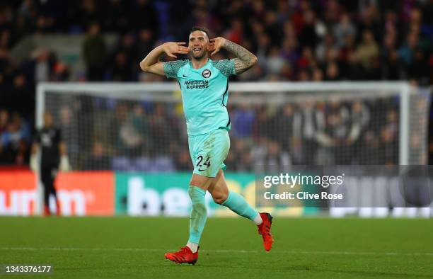 Shane Duffy of Brighton & Hove Albion reacts after his sides first goal during the Premier League match between Crystal Palace and Brighton & Hove...