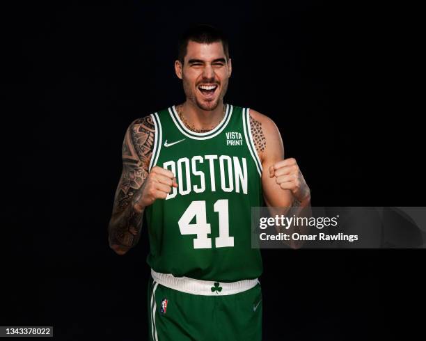 Juancho Hernangomez of the Boston Celtics poses for a photo during Media Day at High Output Studios on September 27, 2021 in Canton, Massachusetts....