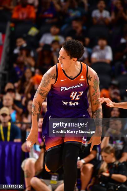 Brittney Griner of the Phoenix Mercury celebrates a play during the game against the Indiana Fever on June 29, 2023 at Footprint Center in Phoenix,...