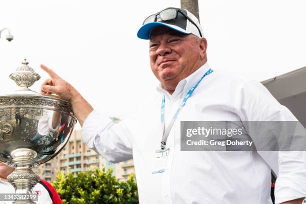 Chip Ganassi, owner of Chip Ganassi Racing, celebrates his driver Alex Palou winning the 2021 IndyCar Drivers Championship at the 2021 Acura Grand...