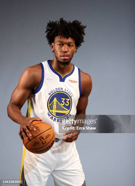 James Wiseman of the Golden State Warriors poses for a portrait during the Golden State Warriors Media Day at Chase Center on September 27, 2021 in...