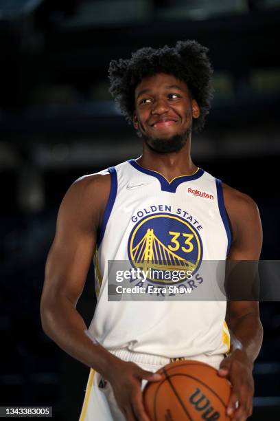 James Wiseman of the Golden State Warriors poses for a portrait during the Golden State Warriors Media Day at Chase Center on September 27, 2021 in...