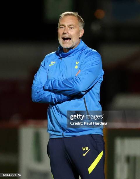 Wayne Burnett, Manager of Tottenham Hotspur U23s reacts during the Premier League 2 match between Tottenham Hotspur U23 and Derby County U23 at The...