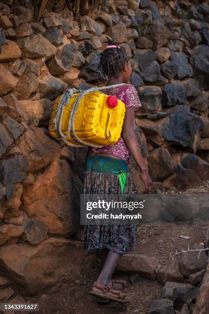 african girl carrying water from the well, ethiopia, africa - traditional ethiopian girls imagens e fotografias de stock