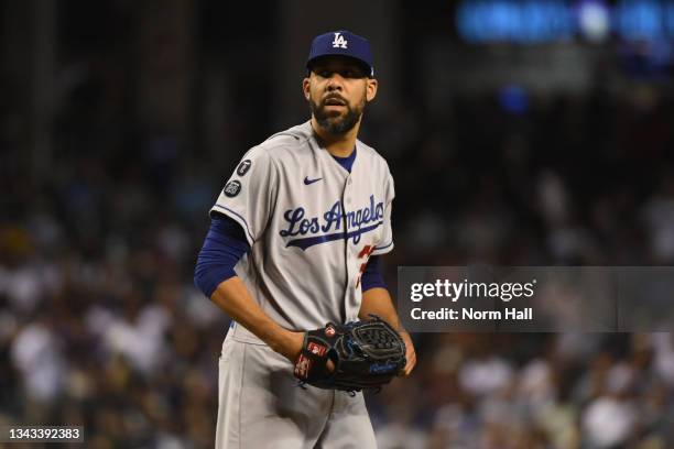 David Price of the Los Angeles Dodgers delivers a pitch against the Arizona Diamondbacks at Chase Field on September 25, 2021 in Phoenix, Arizona.