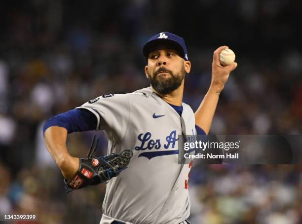 David Price of the Los Angeles Dodgers delivers a pitch against the Arizona Diamondbacks at Chase Field on September 25, 2021 in Phoenix, Arizona.