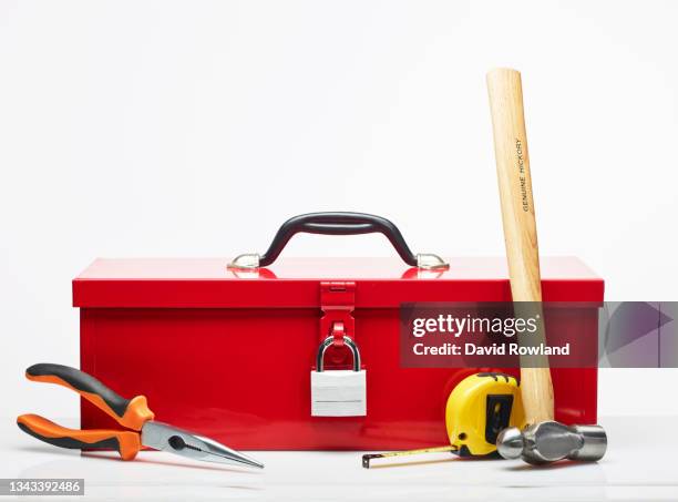 a red tool box on a white background with a silver padlock - locking pliers stock pictures, royalty-free photos & images