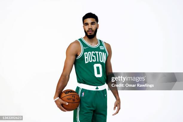 Jayson Tatum of the Boston Celtics poses for a photo during Media Day at High Output Studios on September 27, 2021 in Canton, Massachusetts. NOTE TO...