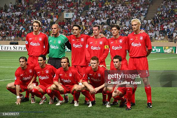 The Liverpool team line up just before kick-of in the UEFA Super Cup at the Stade Louis II, in Monaco, on August 25, 2005.